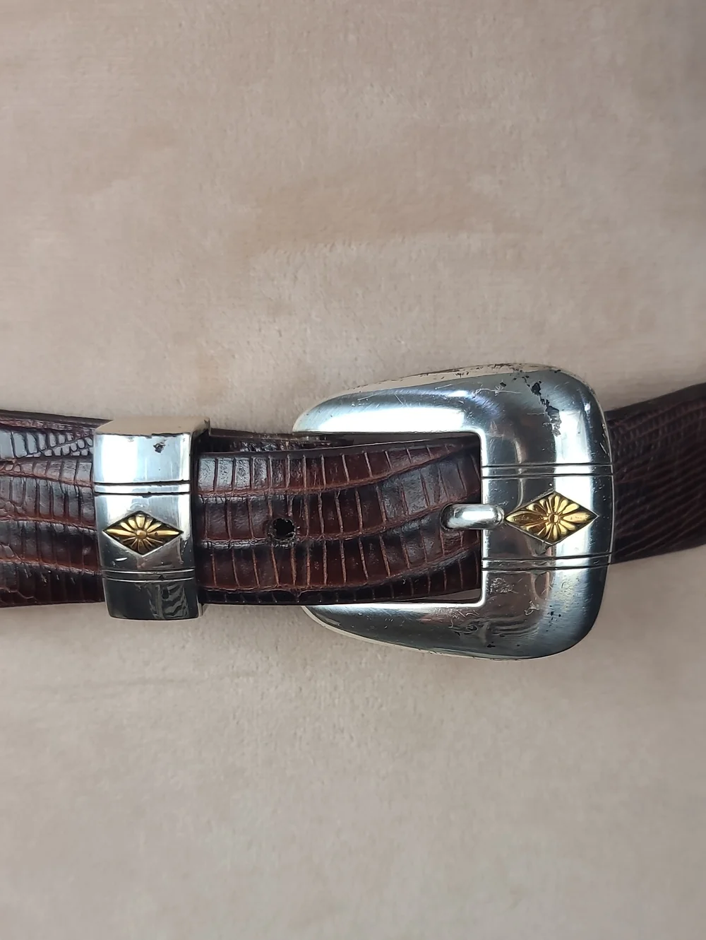 Vtg Western Brown Croc-Embossed Italian Leather Belt Silver-Tone Ranger Buckle